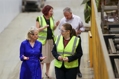 Wendy Coney and Caroline Johnson MP touring Shipley Structures steel fabrication facility